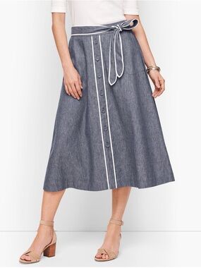 Talbots High-Waist Chambray Button-Front Skirt with Contrast Trim, 8P